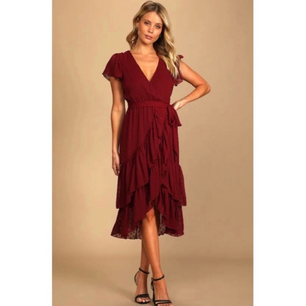 Lulus Have Harmony Burgundy Swiss Dot Ruffled Faux Wrap Midi Dress Size XS NWT